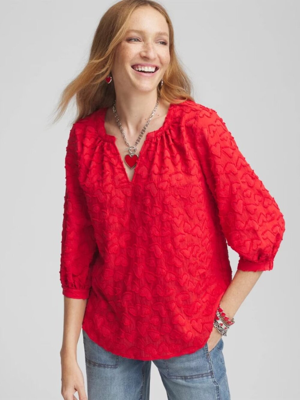 NWT Chico's Red Embellished Valentine's Day Peasant Blouse Size XXL